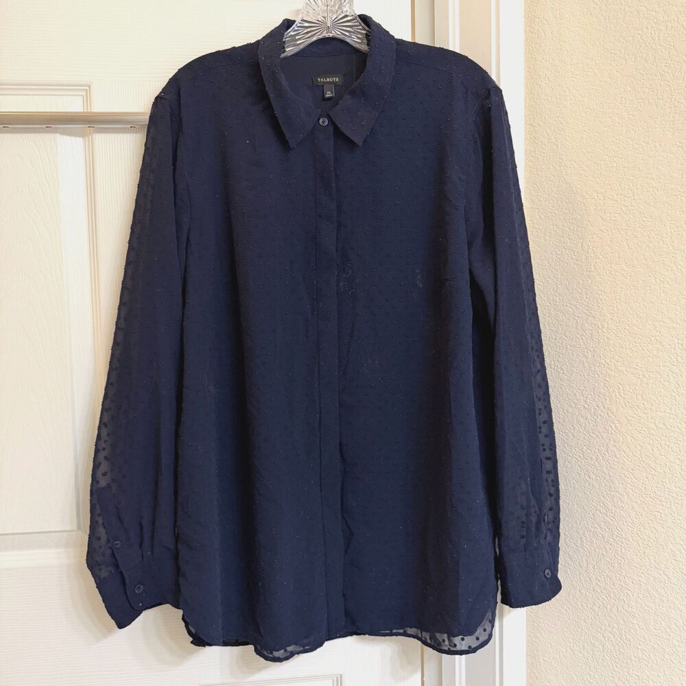 Talbots Navy Blue Clip Dot Long Sleeve Button Down Shirt Size XL
